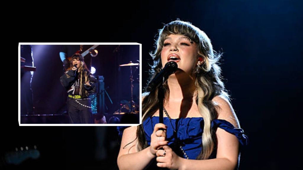 British singer Lola Young performing on stage, shown in two outfits: one in a strapless blue dress singing into a microphone, and another inset image in a dark oversized outfit with yellow belt details during a live performance.