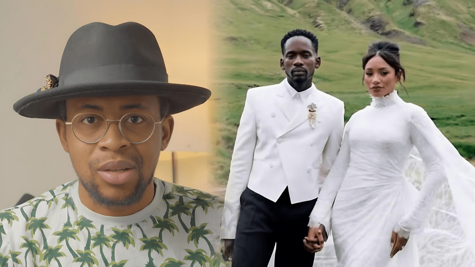 Nigerian writer Solomon Buchi appears in a portrait wearing glasses, a black hat, and a palm tree print shirt, while on the right, singer Mr. Eazi and his wife Temiloluwa Otedola are seen hand-in-hand in matching white outfits during their wedding shoot in a scenic outdoor location.