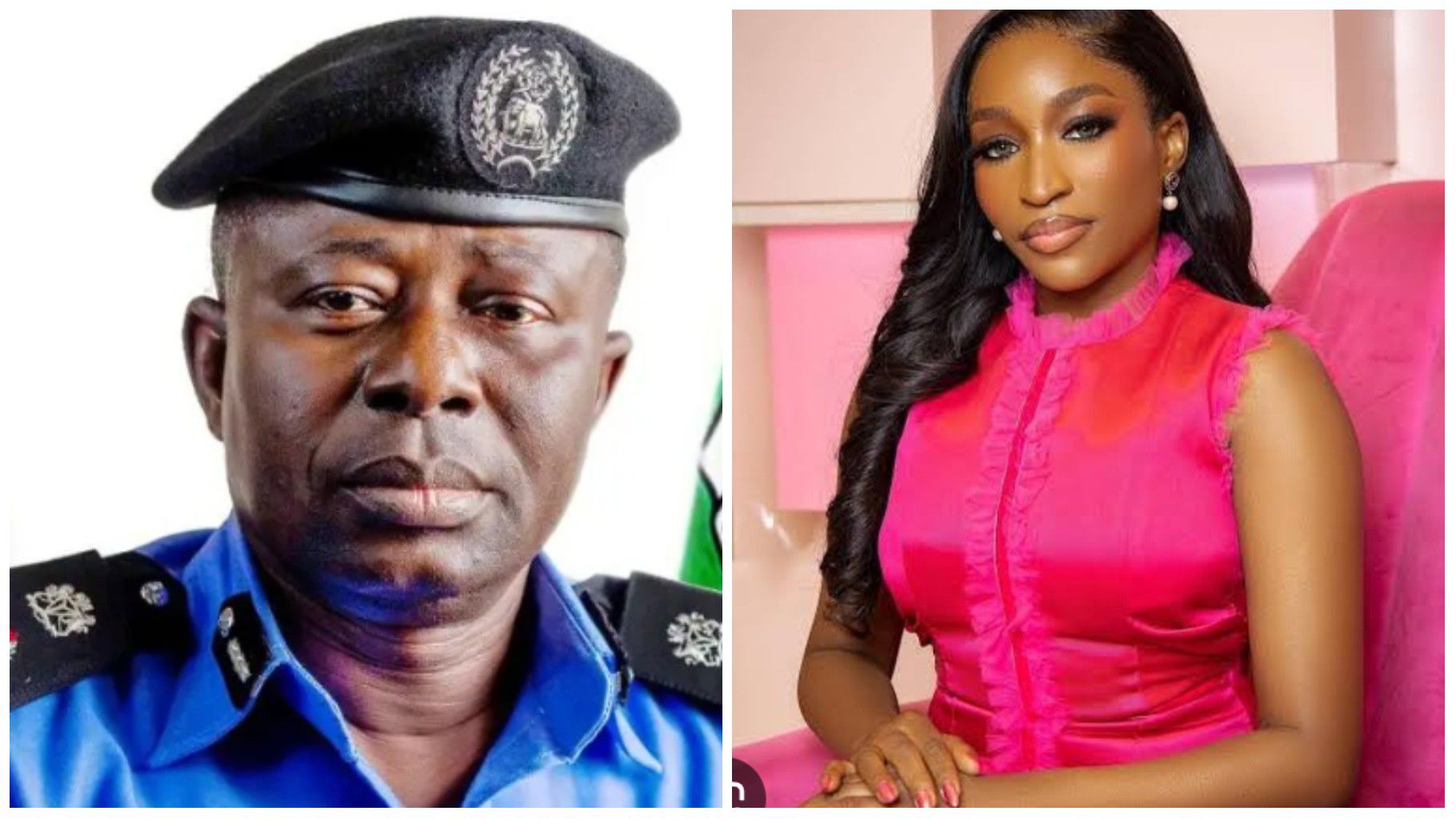 Side-by-side photo showing FCT Police Commissioner Ajao S. Adewale in uniform on the left, and late Arise TV anchor Somtochukwu Christelle Maduagwu wearing a pink outfit seated on the right.