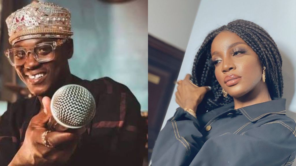 Nigerian singer Sound Sultan wearing a beaded cap and holding a microphone, smiling, alongside singer Seyi Shay in a braided hairstyle posing in a stylish outfit.