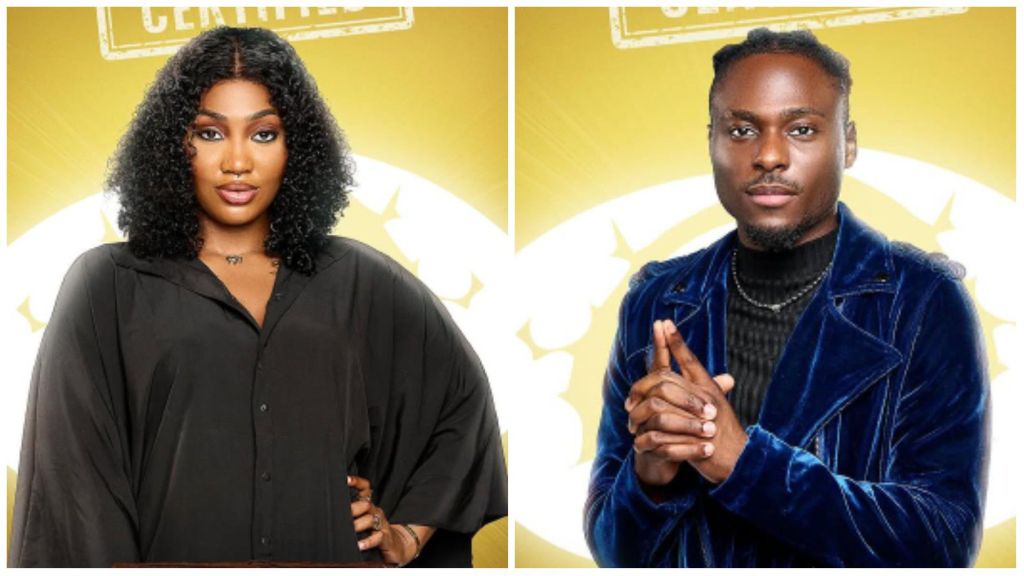 Side-by-side portraits of BBNaija housemates Sultana in a black button-down outfit and Faith in a blue velvet jacket, both posing against the show’s yellow backdrop.