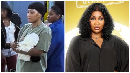 Left: BBNaija Season 10 housemate Sultana cradles the new house “baby” during Big Brother’s parenting task, dressed casually in a green T-shirt and black head wrap. Right: A studio portrait of Sultana with curly hair, wearing a black button-up top against a yellow background.