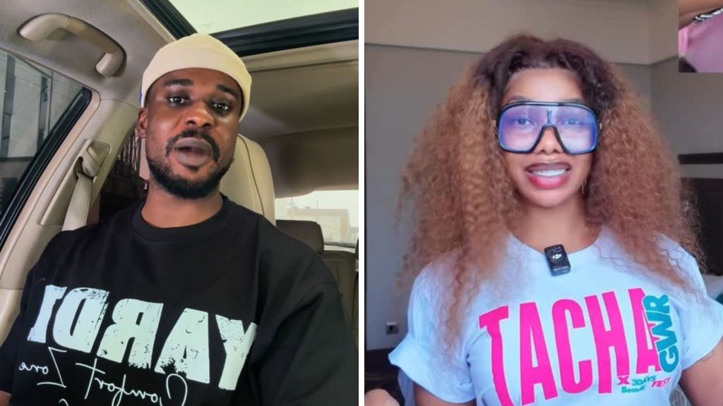 Side-by-side collage featuring social critic Scott Iguma (left) wearing a beige beanie and a black T-shirt while seated inside a car, and BBNaija star Tacha (right) smiling in a light blue T-shirt with "TACHA GWR" printed, wearing oversized glasses and a lavalier microphone.