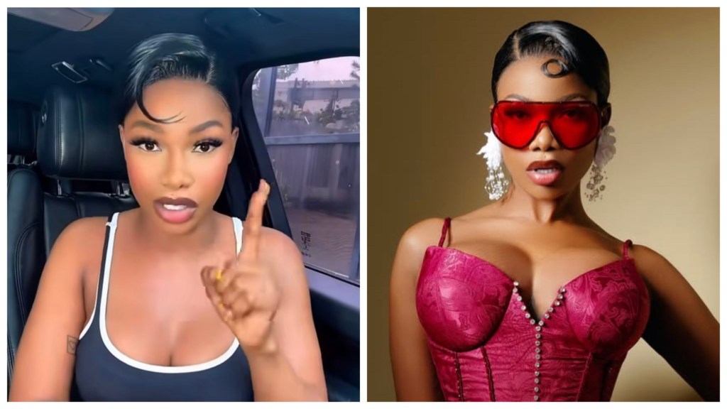Tacha with slick hair gestures in a car; same woman poses in a red corset with oversized red sunglasses and drop earrings