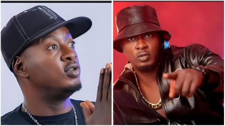 Nigerian entertainer Taye pictured in two portraits — on the left wearing a cap with a thoughtful pose, and on the right in a leather jacket and bucket hat, pointing directly at the camera with intensity.