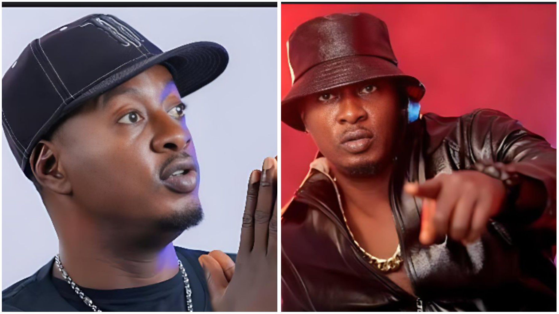 Nigerian entertainer Taye pictured in two portraits — on the left wearing a cap with a thoughtful pose, and on the right in a leather jacket and bucket hat, pointing directly at the camera with intensity.