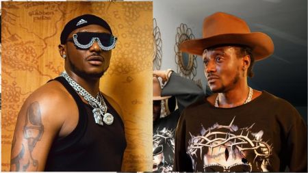 Nigerian singer Terry G pictured in two different stylish looks — on the left, wearing a black sleeveless top with bold jewellery and dark shades, and on the right, rocking a brown hat and a graphic sweatshirt with a crown of thorns design.