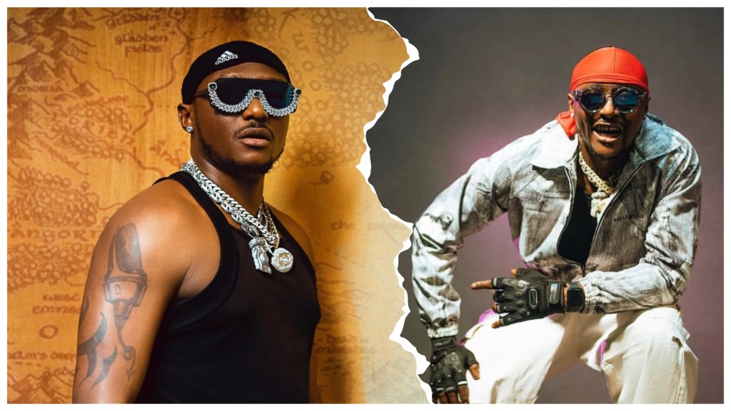 Terry G—left in black vest and chains, right in red durag, denim jacket, crouching