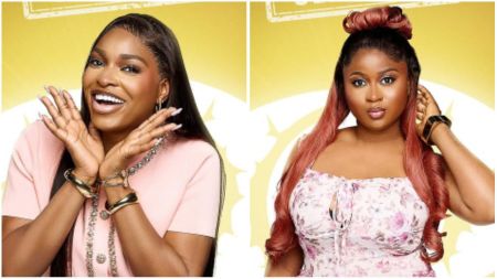 BBNaija housemates Thelma (left) smiling with her hands raised in a playful pose, and Imisi (right) posing with one hand touching her hair, dressed in a floral outfit.