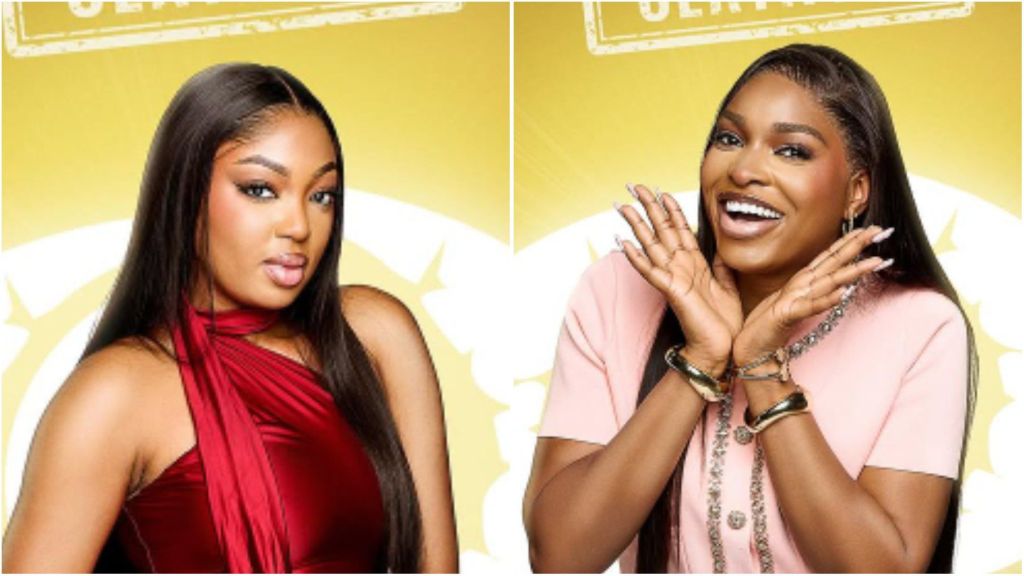 Side-by-side portraits of BBNaija Season 10 housemates More, dressed in a sleeveless red outfit, and Thelma, smiling brightly in a pink top with her hands raised near her face.