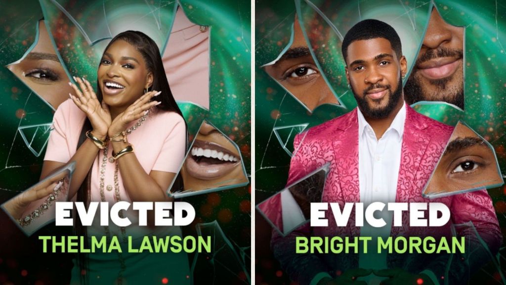 Side-by-side eviction posters of BBNaija Season 10 housemates. On the left, Thelma Lawson poses smiling in a pink dress with hands raised near her face, overlaid with the bold text “EVICTED THELMA LAWSON.” On the right, Bright Morgan is seen in a patterned pink suit jacket with a white shirt, overlaid with the bold text “EVICTED BRIGHT MORGAN.” The background features shattered glass effects with close-up facial fragments.