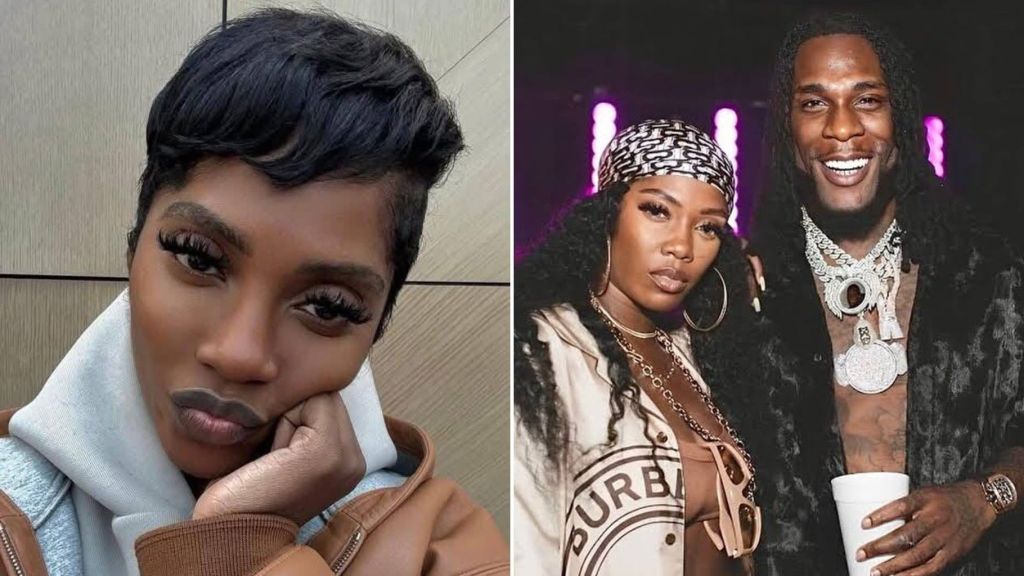 Nigerian singer Tiwa Savage in two shots — on the left, posing with her hand on her cheek in a casual look, and on the right, standing next to Afrobeats star Burna Boy at an event.