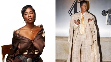 Left image shows Tiwa Savage seated on a chair, wearing a brown satin off-shoulder blouse with layered necklaces and a wide belt. Right image shows Tiwa Savage at an event, dressed in a cream checked three-piece suit with a matching overcoat draped over her shoulders and a gold tie, posing for cameras.
