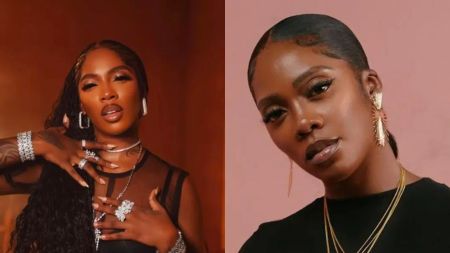 Split image showing Nigerian Afrobeats singer Tiwa Savage. On the left, she poses in a sheer black outfit with layered diamond jewellery, styled long wavy hair, and glamorous makeup against a warm brown background. On the right, she appears in a sleek black top with gold layered necklaces and statement earrings, hair neatly pulled back, against a muted pink background.