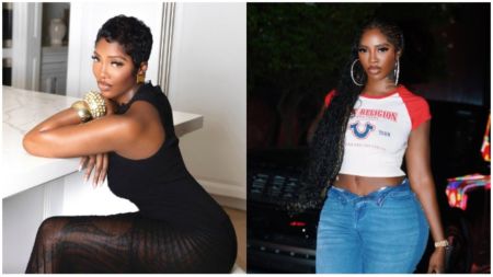 Singer Tiwa Savage poses elegantly in two photos: one wearing a sleeveless black dress with gold bangles while leaning on a white counter indoors, and the other in a cropped red-and-white T-shirt with blue jeans, long braids, and hoop earrings, standing outdoors at night.