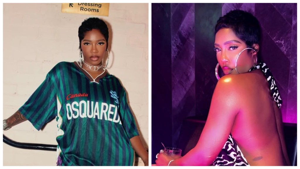 Tiwa savage in oversized green Dsquared jersey with hoop earrings also her in a backless zebra-print top under purple club lights