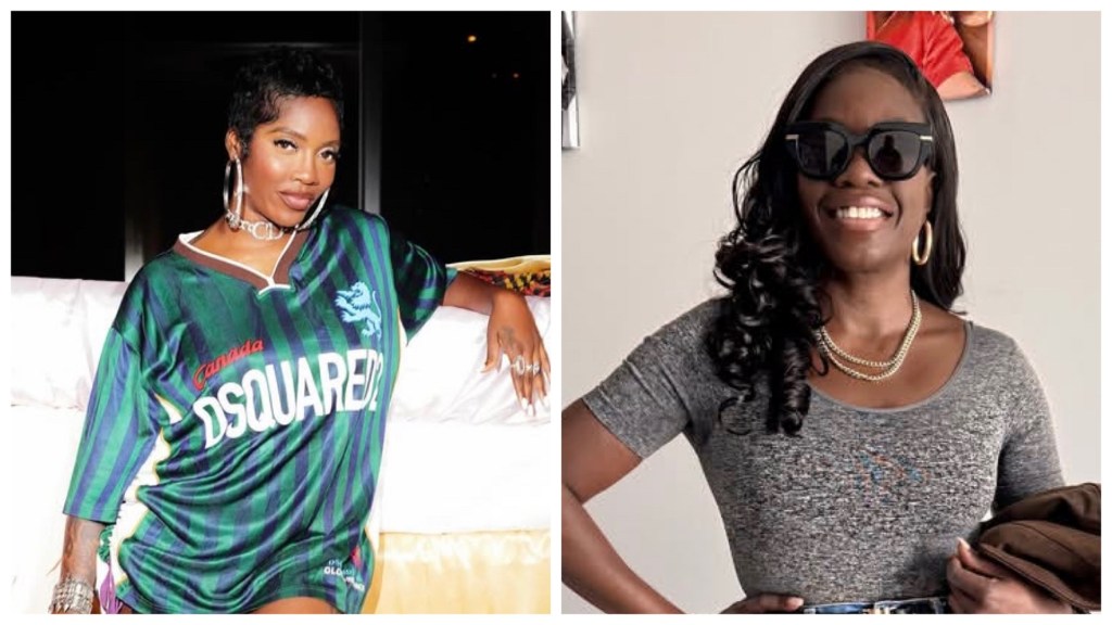 Tiwa Savage sits on a bed in an oversized green-and-blue Dsquared jersey with hoop earrings and a choker; Shade Ladipo smiles indoors in a grey top with sunglasses, hoop earrings, and layered chains