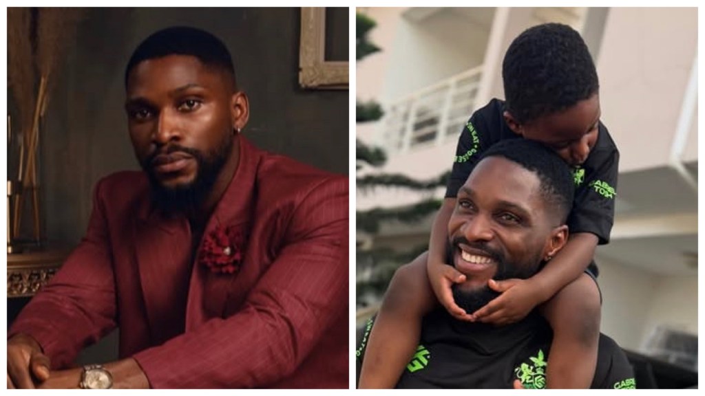Tobi Bakre in a burgundy suit looks at the camera indoors; right, he smiles outdoors while his son sits on his shoulders, hugging his head.