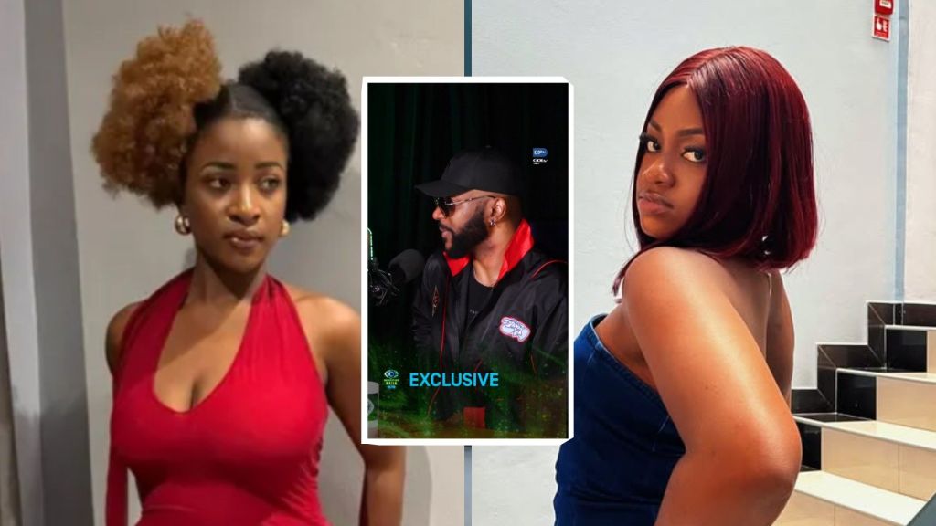 Side-by-side collage of Big Brother Naija stars. On the left, Big Soso poses in a sleeveless red dress with her natural afro styled in two tones. In the centre inset, host Ebuka Obi-Uchendu appears in a black cap and jacket, speaking into a microphone. On the right, Tracy poses on a staircase, wearing a strapless denim outfit and looking over her shoulder.