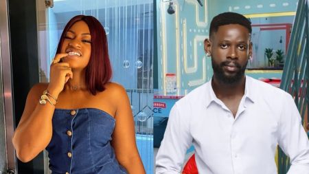 Side-by-side collage of BBNaija personalities. On the left, Tracy poses in a strapless denim dress, playfully biting her finger, with glass beads hanging behind her. On the right, Mensan stands indoors wearing a white shirt, against the backdrop of the Big Brother Naija house interior.