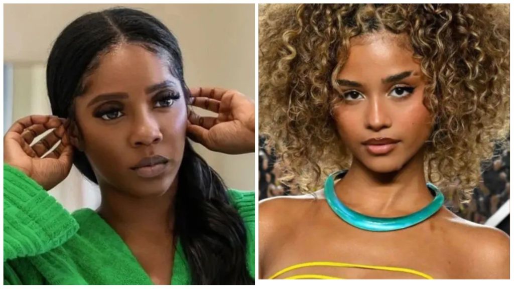 Nigerian singer Tiwa Savage adjusting her hair in a green robe, alongside South African singer Tyla wearing a turquoise necklace and yellow-strapped top.