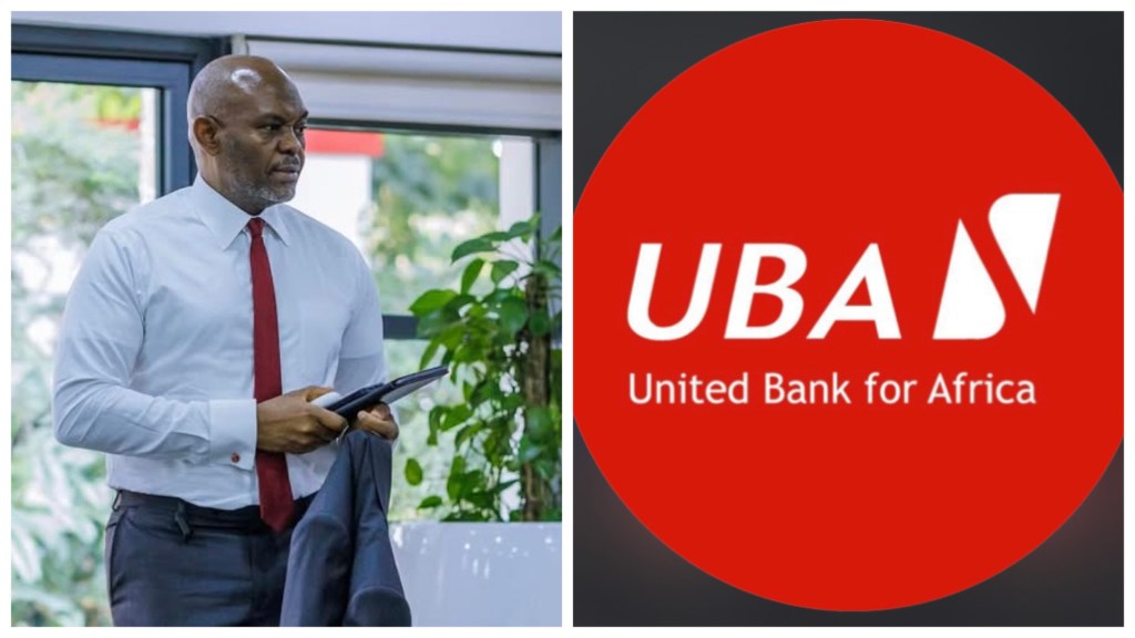 Business executive Tony Elumelu in a white shirt and red tie holding a jacket and tablet, beside the red United Bank for Africa (UBA) logo.
