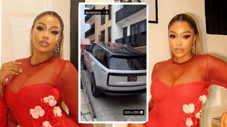 Nigerian actress Uche Montana poses in a red floral dress, with her newly acquired 2025 Range Rover displayed at the centre.