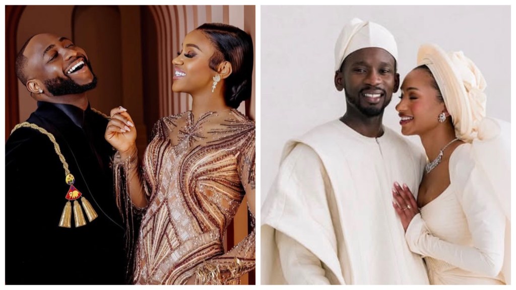 Davido in a black tux laughs with Chioma in a gold beaded gown. Mr Eazi and Temi Otedola in matching cream traditional attire with fila and gele share a close, joyful pose.