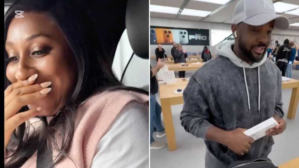 Split image of Uchemba and his wife. Left: his wife smiles with her hand covering her mouth while seated in a car, wearing a pink vest over a white top. Right: Uchemba, dressed in a grey hoodie and white cap, stands inside an Apple Store holding a product box, with people and display tables in the background.