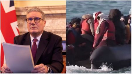 UK Prime Minister Keir Starmer holding documents beside a British flag (left), and a group of migrants in life jackets crowded on a small inflatable boat at sea (right).
