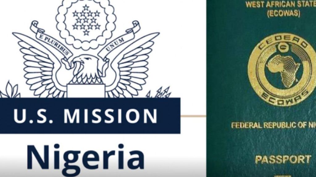 "Side-by-side image showing the U.S. Mission Nigeria emblem with an eagle seal on the left, and a Nigerian ECOWAS passport cover on the right."