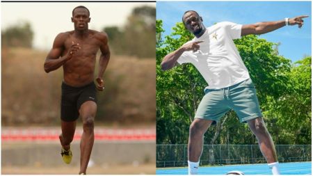 Usain Bolt, legendary Jamaican sprinter, pictured shirtless while sprinting on a track in sports shorts (left), and striking his iconic victory pose in a white T-shirt and green shorts on a sunny outdoor court (right).