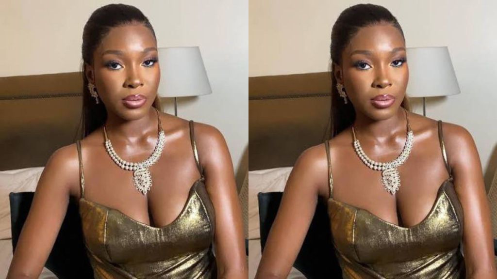Side-by-side photo of Nigerian singer and reality TV star Vee Iye, dressed in a metallic gold gown with a diamond necklace and earrings, seated indoors with a neutral background.