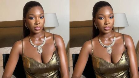 Side-by-side photo of Nigerian singer and reality TV star Vee Iye, dressed in a metallic gold gown with a diamond necklace and earrings, seated indoors with a neutral background.