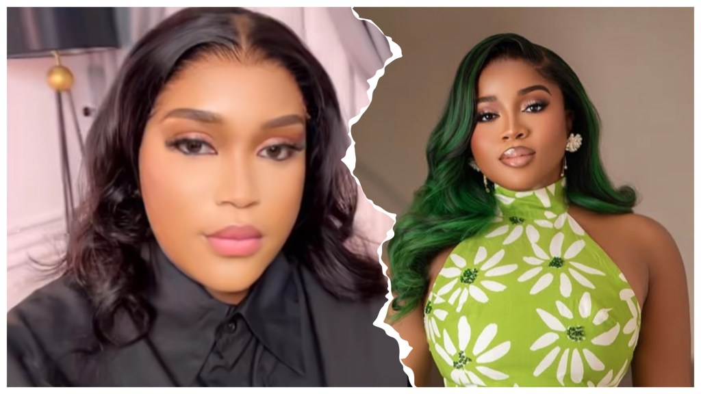 Helen Tom in black shirt, veekee James in green daisy halter dress with green hair.