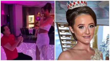 Split image showing a man on one knee proposing to a young woman dressed in a white two-piece outfit under pink lights on the left, and a close-up of a young woman wearing a jeweled crown and gold dress smiling at the camera on the right.