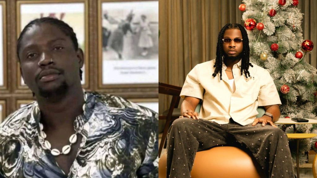 Side-by-side collage. Left: close-up of a man with braided hair and a goatee, wearing a marbled satin shirt and a cowrie-shell necklace, with framed photos blurred behind him. Right: a seated man with shoulder-length dreadlocks and small sunglasses, in a cream short-sleeve shirt and dark studded trousers, posed on a tan ottoman beside a decorated Christmas tree indoors.