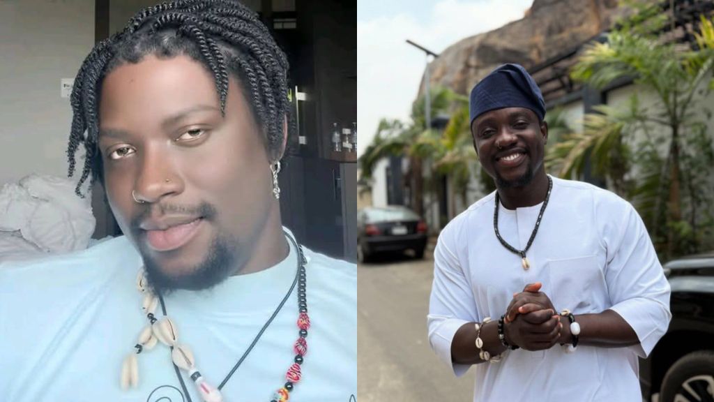 Nigerian activist Verydarkman seen in two photos — one selfie indoors wearing a light blue shirt with braided hair and beaded necklaces, and another outdoors smiling in a white traditional outfit and cap.