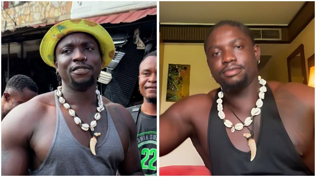 Nigerian activist Verydarkman captured in two moments — on the left, he is seen outdoors wearing a sleeveless grey top, a yellow hat, and a cowrie necklace with a fang pendant; on the right, he appears indoors in a black tank top, still wearing the cowrie necklace.