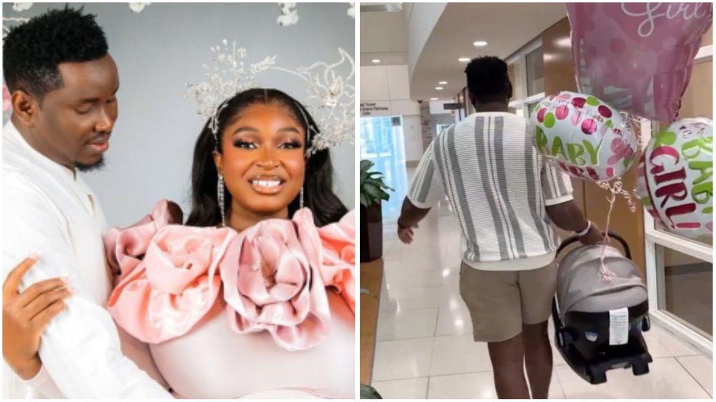 Nigerian gospel singer Victor Thompson with his wife during her pregnancy photoshoot, and Thompson later pictured leaving the hospital carrying their newborn daughter in a baby car seat with celebratory balloons.