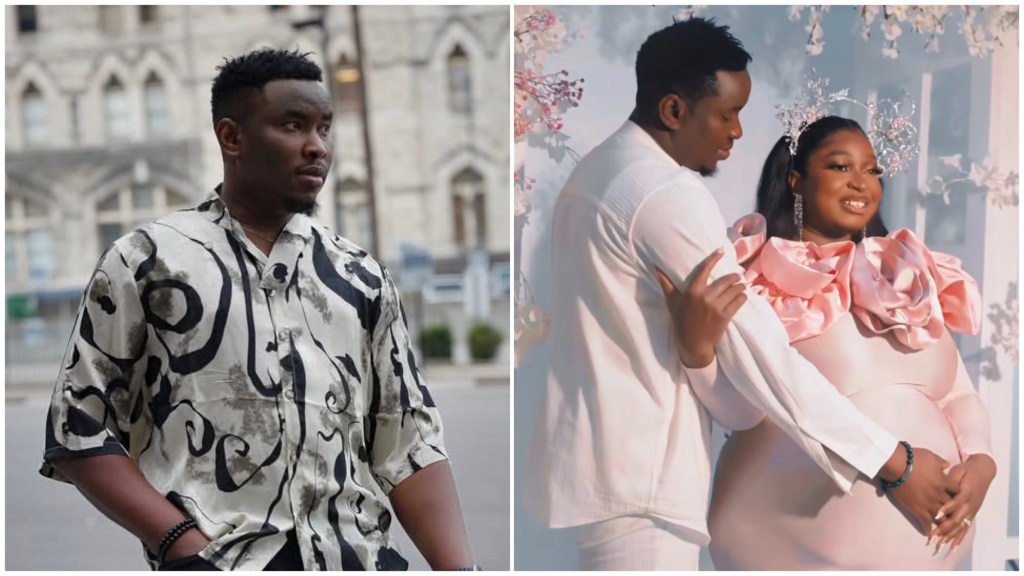 Victor Thompson and his wife Henrietta doing a baby bump shoot wearing white and a pink ruffle on her gown 