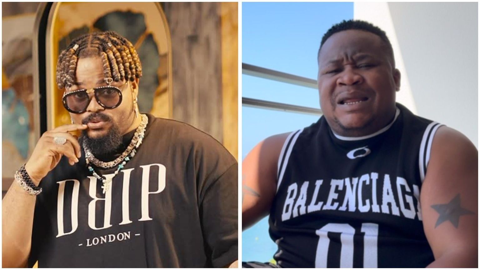 Nigerian singer Whitemoney wearing a black “DRIP London” t-shirt accessorised with sunglasses and chains, alongside nightlife promoter Cubana Chief Priest in a sleeveless black “Balenciaga” shirt with a star tattoo on his arm.