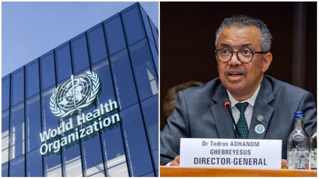 World Health Organization headquarters building with logo, and WHO Director-General Dr Tedros Adhanom Ghebreyesus speaking at a conference.