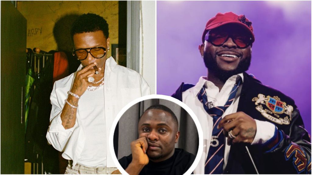 Collage showing Nigerian stars: Wizkid (left, in white outfit with jewellery, holding a cigar), Davido (right, smiling in a red cap, jacket, and tie on stage), and Ubi Franklin (inset, bottom centre, resting his chin on his hand).