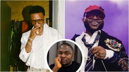 Collage showing Nigerian stars: Wizkid (left, in white outfit with jewellery, holding a cigar), Davido (right, smiling in a red cap, jacket, and tie on stage), and Ubi Franklin (inset, bottom centre, resting his chin on his hand).