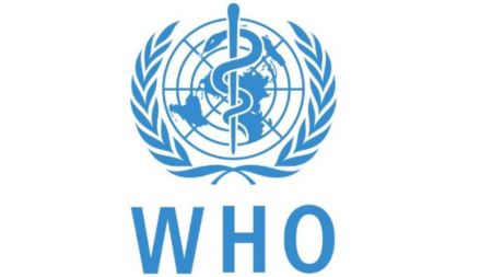 The official World Health Organization (WHO) logo, showing a blue emblem with a staff and snake symbol over a world map, encircled by olive branches.