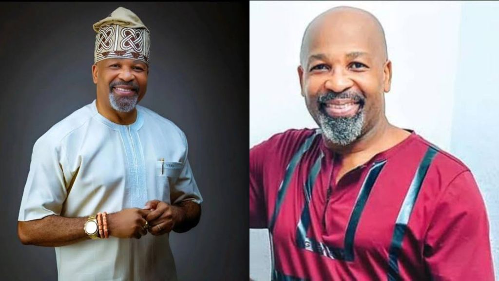 Nigerian actor Yemi Solade smiling in a maroon native outfit with black stripes.