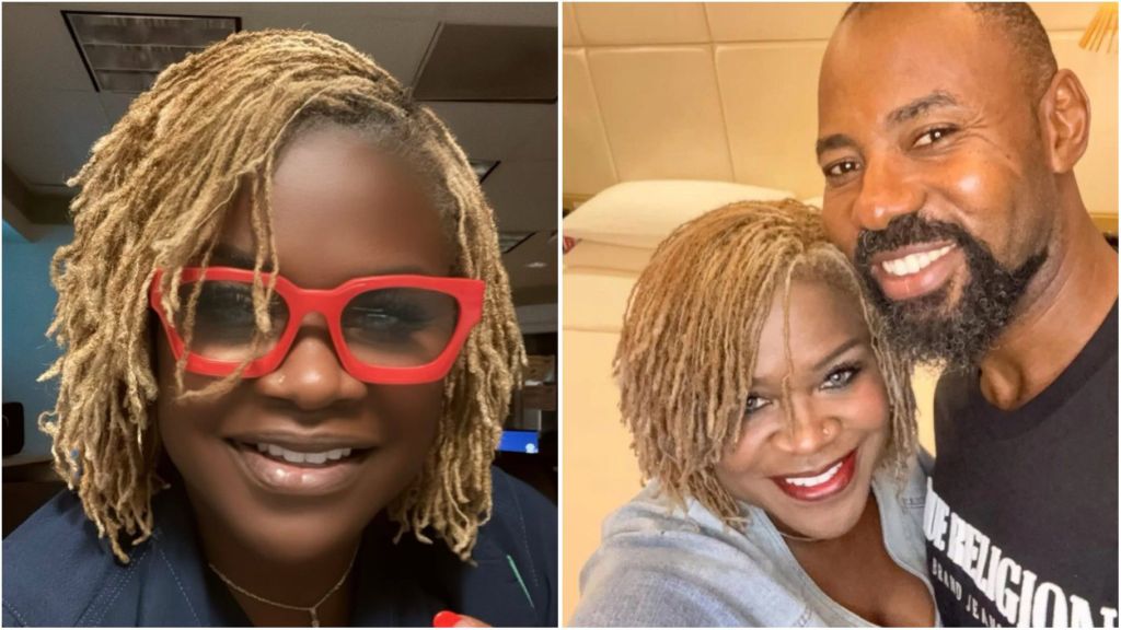 Side-by-side photos of Yinka Theisen and Linc Edochie. Left: Yinka smiles in red glasses with blonde dreadlocks. Right: Yinka, with blonde dreadlocks and red lipstick, smiles warmly while posing close with Linc Edochie, who has a beard and wears a black T-shirt.