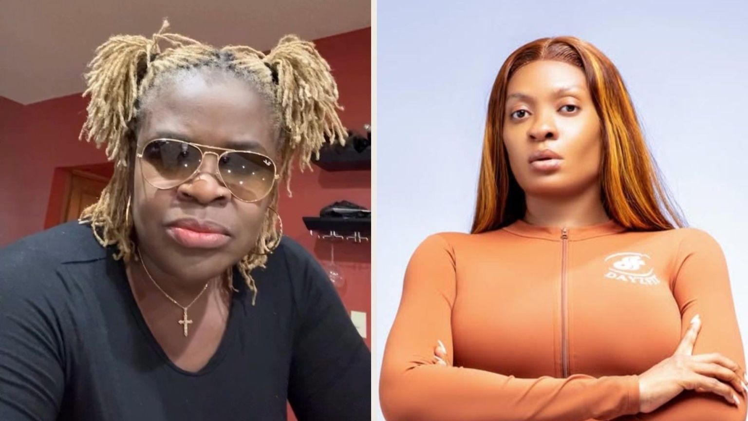 Side-by-side image of Yinka Theisen and May Yul Edochie. On the left, Yinka Theisen wears sunglasses and a black top, with her blonde dreadlocks styled in two ponytails, looking straight at the camera. On the right, May Yul Edochie poses in a fitted long-sleeve brown outfit, arms crossed confidently, with sleek straight hair.