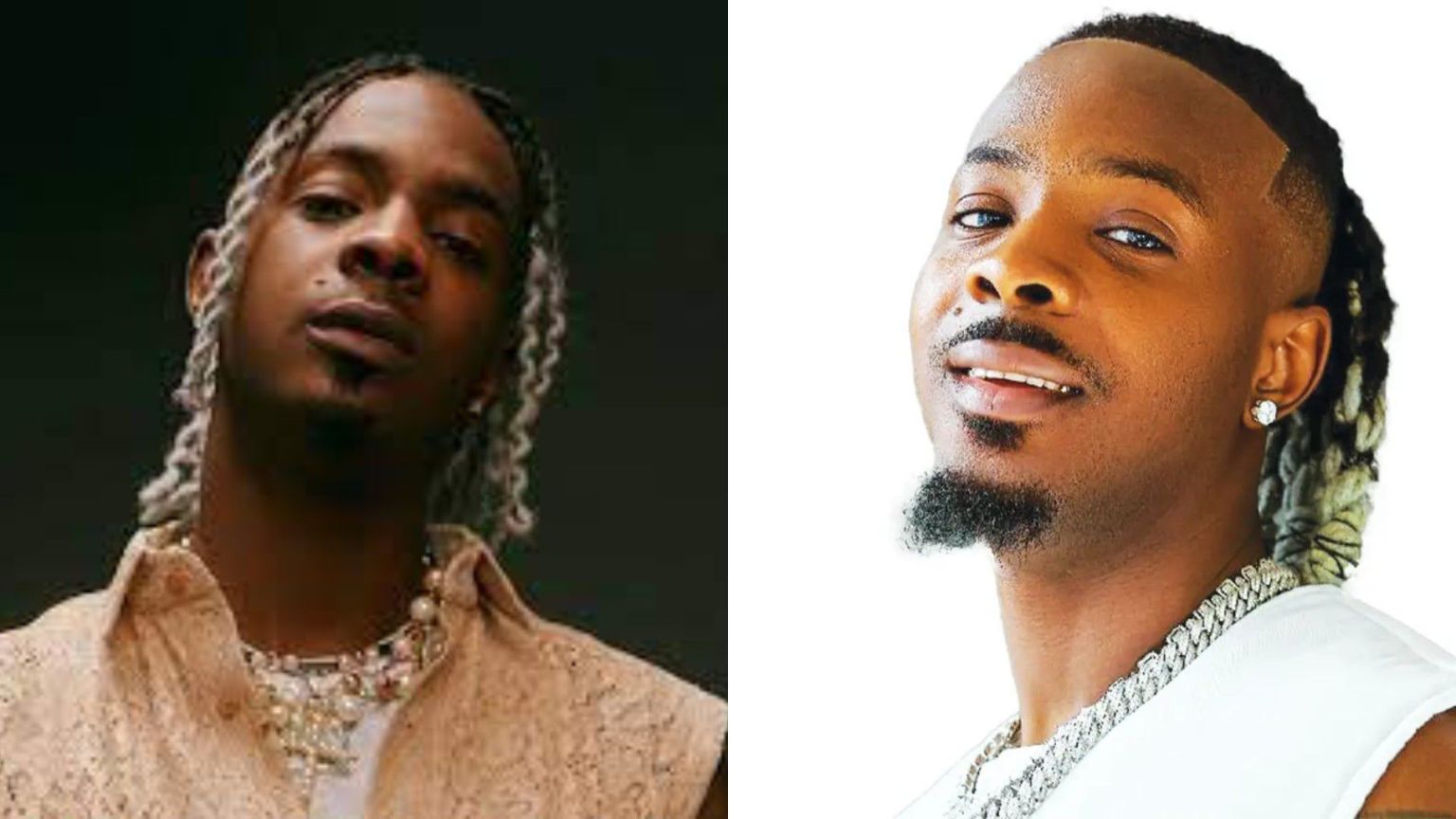 Nigerian actor Bolanle Ninalowo spotted in two different stylish looks, wearing sunglasses — one in an open-chest black outfit beside a car, and the other in a traditional-inspired black attire with wooden bead necklace.